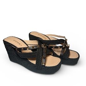 VINCI Black Studded Woven Wedge Sandals EU 38 Platform Espadrille